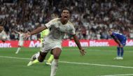 Real Madrid's English midfielder #5 Jude Bellingham celebrates after scoring his team's second goal during the Spanish Liga football match between Real Madrid CF and Getafe CF at the Santiago Bernabeu stadium in Madrid on September 2, 2023. (Photo by Thomas COEX / AFP)