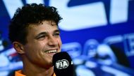 McLaren's British driver Lando Norris attends a press conference at the Monza Circuit ahead of the Italy's Formula One Grand Prix, in Monza northern Italy, on August 31, 2023. Photo by Marco BERTORELLO / AFP