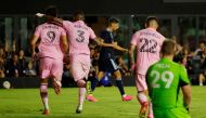 Leonardo Campana #9 of Inter Miami CF celebrates his goal in the first half with teammates as Tim Melia #29 of Sporting Kansas City looks on at DRV PNK Stadium on September 09, 2023 in Fort Lauderdale, Florida. Cliff Hawkins/Getty Images/AFP 