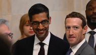 Mark Zuckerberg (right), CEO of Meta, and Google CEO Sundar Pichai, arrive for a US Senate bipartisan Artificial Intelligence (AI) Insight Forum at the US Capitol in Washington, DC, on September 13, 2023. (Photo by Andrew Caballero-Reynolds / AFP)