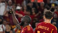 Roma's Belgian forward #90 Romelu Lukaku (L) celebrates after scoring his team's sixth goal during the Italian Serie A football match between AS Roma and Empoli at the Olympic stadium in Rome on September 17, 2023. (Photo by Andreas SOLARO / AFP)
