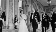 (Files) Queen Elizabeth II (2ndL), Prince Philip, Duke of Edinburgh (background) French President Georges Pompidou (C) and his wife Claude (3thL) arrive for a state dinner at the Grand Trianon in Versailles on May 15, 1972. (Photo by AFP)