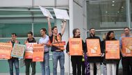 National Health Service workers hold placards at a picket line outside University College Hospital in central London on September 20, 2023. (Photo by Justin Tallis / AFP)