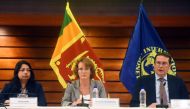 Visiting International Monetary Fund (IMF) team Senior Mission Chief Peter Breuer (R), Deputy Mission Chief Katsiaryna Svirydzenka (C) and IMF and resident representative Sarwath Jahan adrress a press conference in Colombo on September 27, 2023. (Photo by AFP)
