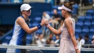 Iga Swiatek of Poland (L) shakes hands with winner Veronika Kudermetova of Russia (R) after their women's singles quarter-final match on day five of the Pan Pacific Open tennis tournament in Tokyo on September 29, 2023. Photo by Richard A. Brooks / AFP