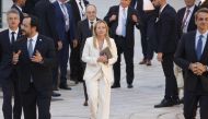 Italian Prime Minister Giorgia Meloni (centre) surrounded by other leaders arrives for a joint press conference at the end of the EU-MED9 summit in Malta on September 29, 2023. (Photo by Ludovic Marin / AFP)
