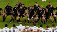 The All Blacks perform the Haka during the France 2023 Rugby World Cup Pool A match between New Zealand and Italy at the OL Stadium in Decines-Charpieu, near Lyon, south-eastern France, on September 29, 2023. (Photo by Francis BOMPARD / AFP)
