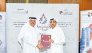 QC General Manager and Chairperson of the Exhibition’s Technical Committee, Saleh bin Hamad Al Sharqi and QIMC’s CEO, Abdulrahman bin Abdulla Al Ansari during the signing of agreement at the Chamber’s headquarters.