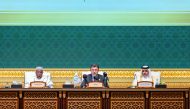 Minister of Municipality H E Dr. Abdullah bin Abdulaziz bin Turki Al Subaie (right), Minister of Agriculture and Forestry of Turkiye H E Ibrahim Yumakli (centre) and Secretary-General of Organization of Islamic Cooperation H E Hussein Ibrahim Taha during opening ceremony of 9th Ministerial Conference of OIC in Doha, yesterday.