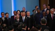 China's President Xi Jinping and other leaders leave after the opening ceremony of the third Belt and Road Forum for International Cooperation at the Great Hall of the People in Beijing on October 18, 2023. (Photo by Pedro PARDO / AFP)