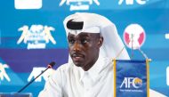 Qatar striker Almoez Ali speaks during a press conference, yesterday. Pic: Mohamed Farag
