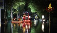 This photo taken and handout on November 3, 2023 by the Vigili del Fuoco, the Italian Corps. of Firefighters, shows Italian firefighters working to evacuate people from flooded houses in Campi Bisenzio, near Florence, after the storm Ciaran hit Tuscany, late on November 2, 2023. Photo by Handout / Vigili del Fuoco / AFP