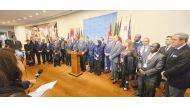Permanent Representative of Qatar to UN H E Sheikha Alya Ahmed bin Saif Al Thani and other diplomats from OIC member countries address the media on the Gaza situation at the UN headquarters in New York.