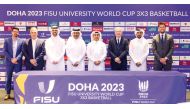 Qatar Collegiate Sports Federation President Dr. Ibrahim bin Saleh Al Naimi, Secretary General Rashid Saeed Adiba and FISU Sports Director Juan Carlos with other officials during a press conference, yesterday.