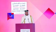 Minister of Commerce and Industry H E Sheikh Mohammed bin Hamad bin Qassim Al Thani addressing the Qatari-Egyptian Investment Forum in Cairo.