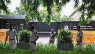 File: Security personnel stand guard in front of the High Commission of Canada in New Delhi on September 19, 2023. (Photo by Arun Sankar / AFP)