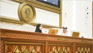 Speaker of the Shura Council H E Hassan bin Abdullah Al Ghanim (right) during the ordinary weekly session of the Council yesterday.
