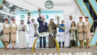 The connections of Abbes celebrate with the trophies after winning the Gr.1 (PA) Sheikh Zayed bin Sultan Al Nahyan Jewel Crown in Abu Dhabi.