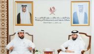 Head of Training and Administrative Development Department at the Ministry of Awqaf and Islamic Affairs Dr. Muhammad Khalifa Ghanem Al Kubaisi (left) and CEO of Qatar IT company, Dr. Mohammed Hassan Al Jefairi addressing a press conference yesterday.