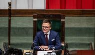 (Files) Szymon Holownia addresses the inauguration session of the Polish Parliament in Warsaw on November 13, 2023. (Photo by Wojtek Radwanski / AFP)
 
