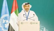 Minister of Environment and Climate Change H E Sheikh Dr. Faleh bin Nasser bin Ahmed bin Ali Al Thani speaking at COP28 in Dubai.