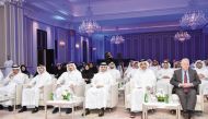 Governor of Qatar Central Bank and Chairman of the Board of Directors of QFMA H E Sheikh Bandar bin Mohammed bin Saoud Al Thani and CEO of QFMA Dr. Tamy bin Ahmad Al Binali with dignitaries and officials at the launch of 2023-2027 QFMA 3rd Strategic Plan, yesterday.