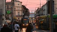 This photograph taken on December 21, 2023, shows tramways running on tracks in Montpellier, southern France. Photo by Sylvain THOMAS / AFP
