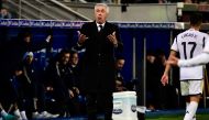 Real Madrid's Italian coach Carlo Ancelotti gestures during the Spanish league football match between Deportivo Alaves and Real Madrid CF at the Mendizorroza stadium in Vitoria on December 21, 2023. (Photo by ANDER GILLENEA / AFP)
