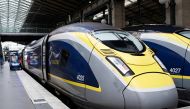(Files) A Eurostar train is parked at a platform of the Paris' Gare du Nord station on August 3, 2023. (Photo by Stefano Rellandini / AFP)
 