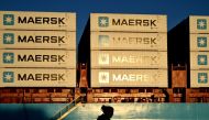 (Files) Containers of Danish shipping and logistics company Maersk are seen in Copenhagen, Denmark, on September 14, 2023. (Photo by Sergei Gapon / AFP)