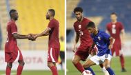 Left: Almoez Ali celebrates with Abdulaziz hatem after scoring a goal (left). Right: Qatar's Homam Ahmed.and Cambodia's Sin Kakada vie for the ball possession. 
