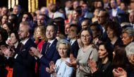 European Council President Charles Michel (L), Belgium Prime Minister Alexander De Croo (2L) and European Commission President Ursula Von der Leyen (C) applaud during the opening event of the Belgian Presidency of the Council of the European Union at the Bozar centre in Brussels, on January 5, 2024. Photo by Benoit DOPPAGNE / various sources / AFP