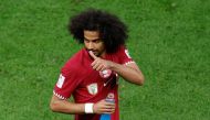 Akram Afif celebrates after scoring Qatar’s third goal against Lebanon, on Friday. AFP 