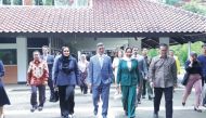State Minister and President of the Qatar National Library H E  Dr Hamad Abdulaziz Al Kawari (third left) arriving at University of Indonesia recently.