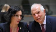 European Union for Foreign Affairs and Security Policy Josep Borrell (R) talks with Belgium's Minister of Foreign Affairs Hadja Lahbib (L) at the EU headquarters in Brussels on January 22, 2024. (Photo by John Thys / AFP)