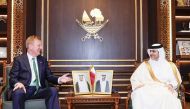 QCB Governor H E Sheikh Bandar bin Mohammed bin Saoud Al Thani with Deputy Prime Minister of the United Kingdom H E Oliver James Dowden during the meeting.