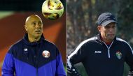 Qatar's Spanish coach Tintin Marquez and Jordan's Moroccan coach Hussein ammouta  attend their team's training session in Doha on February 9, 2024, on the eve of their AFC Qatar 2023 Asian Cup final football match. (Photos by KARIM JAAFAR / AFP)