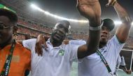 Ivory Coast's French coach Emerse Fae (C) celebrates after his team won the Africa Cup of Nations (CAN) 2024 final football match in Ebimpe, Abidjan on February 11, 2024. (Photo by Issouf Sanogo / AFP)