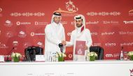 QEF Secretary-General and Chairman of Festival’s Supreme Organising Committee Sheikh Ahmed bin Nouh Al Thani and Doha Bank representative Sheikh Mohammad bin Fahad bin Jabor Al Thani shake hands after signing the sponsorship. 