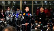 Hwangbo Kwan (C) of the Korea Football Association's national team committee holds a press briefing at the Korea Football Association (KFA) in Seoul on February 15, 2024. Photo by Anthony WALLACE / AFP