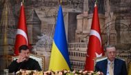 Turkish President Recep Tayyip Erdogan (R) and Ukrainian President Volodymyr Zelensky attend a joint press conference at the Dolmabahce Presidental office in Istanbul on March 8, 2024. (Photo by OZAN KOSE / AFP)
