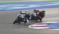 British rider Aaron Robinson (left) and Italy's Ediardo Pia in action during the Qatar Super Sports 300 Race.