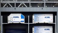 Taken on March 27, 2024 in Veldhoven shows containers of Dutch tech giant ASML, which supplies chipmaking machines to the semiconductor industry. Photo by ROB ENGELAAR / ANP / AFP. 