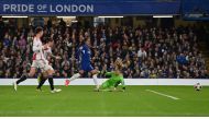 Chelsea's Colombian striker #35 Mayra Ramirez (C) scores the opening goal during the UEFA Women's Champions League quarter-final second-leg football match between Chelsea and Ajax at Stamford Bridge in London, on March 27, 2024. (Photo by Glyn KIRK / AFP)
