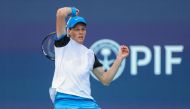 Jannik Sinner of Italy hits a shot against Daniil Medvedev during the Men's semifinal on Day 14 of the Miami Open at Hard Rock Stadium on March 29, 2024 in Miami Gardens, Florida. Photo by Brennan Asplen / GETTY IMAGES NORTH AMERICA / Getty Images via AFP.
