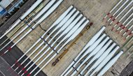 Aerial photo taken on April 8, 2024 shows turbine blades at a factory in Yangzhou, in eastern China's Jiangsu province. Photo by AFP.