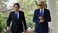 US President Joe Biden and Japanese Prime Minister Fumio Kishida arrive for a joint press conference in the Rose Garden of the White House in Washington, DC, April 10, 2024. (Photo by Saul Loeb / AFP)