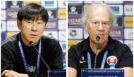Qatar coach Ilidio Vale (left) and Indonesia coach Shin Tae-yong during a press conference yesterday. PICS: Rajan Vadakkemuriyil / The Peninsula   