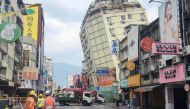This picture released by Taiwan's Central News Agency (CNA) on April 23, 2024 shows the Full Hotel building in Hualien, which had been previously damaged in the April 3 earthquake, tilting further to one side after a series of earthquakes overnight. Photo by CNA / AFP