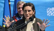 France's Minister for Sports and Olympics Amelie Oudea-Castera gestures as she delivers a speech during the inauguration ceremony of the Departmental River Water Treatment Station in Champigny-sur-Marne near Paris, on April 23, 2024. Photo by Bertrand GUAY / AFP